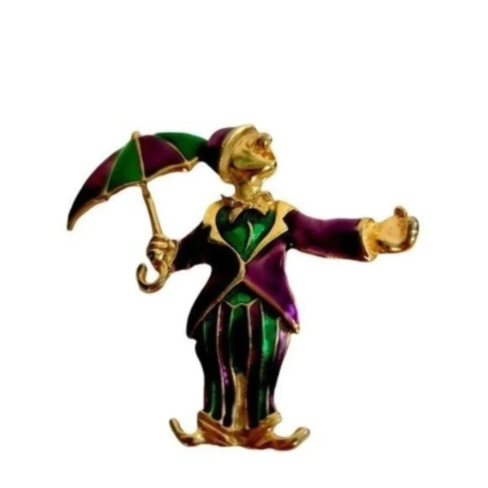 Vintage Clown with Umbrella Enameled Brooch 1950's‎ Gold Tone Colorful Purple